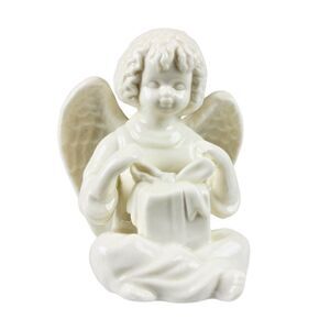 Ceramic Porcelain White Sitting Angel Holding Gift Box w/ Box Kitsch Cottagecore